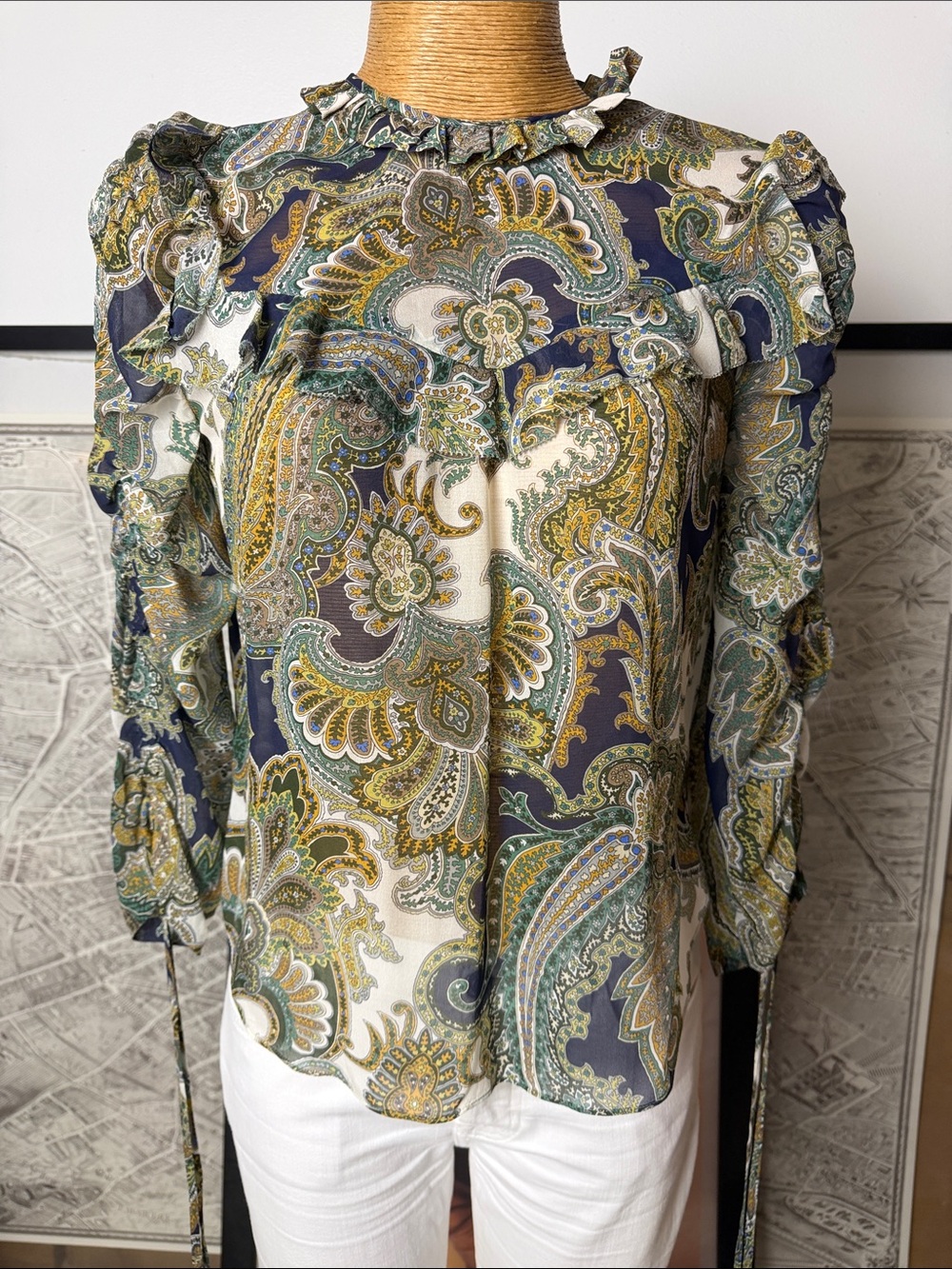 Veronica Beard Paisley Ruffle-Trim Blouse in Navy and Green
